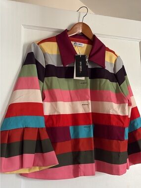 Colorblock Striped Blazer with Bell Sleeves - Luozeb